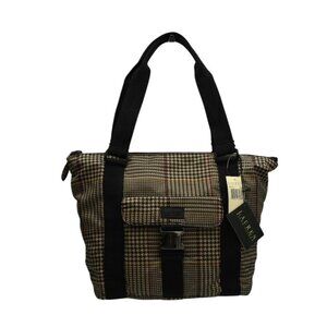 Lauren Ralph Lauren Houndstooth Tote Handbag Nylon Tan Black Burgundy 699-TTE